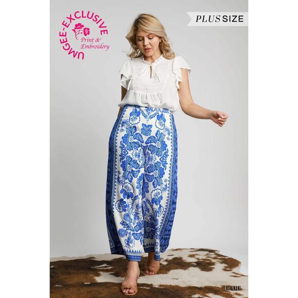 Umgee Blue Floral Wide Leg Pants - Plus - Picture 1 of 4